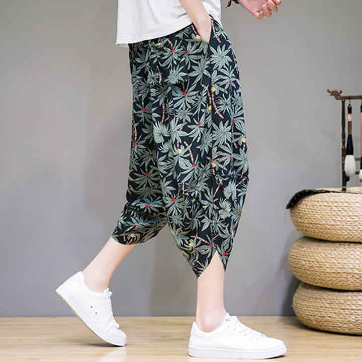 Buddha Stones Pantalones capri florales estilo boho casual de verano con cordón ajustable para hombre, estilo harem con bolsillo. - image 5