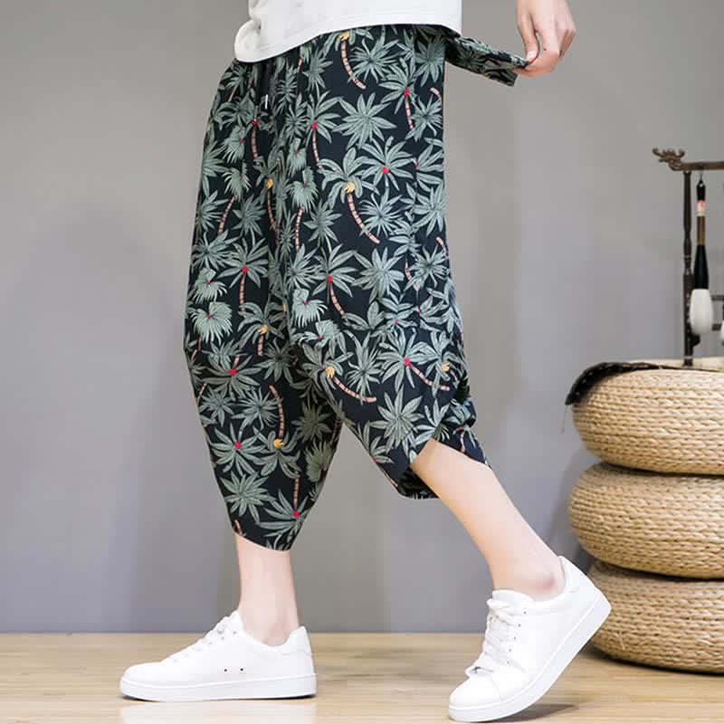 Buddha Stones Pantalones capri florales estilo boho casual de verano con cordón ajustable para hombre, estilo harem con bolsillo. - Negro - US/UK/AU46, EU56 (5XL) - image 0