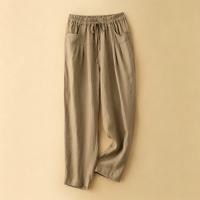 Buddha Stones Pantalones tobilleros minimalistas informales de verano con cordón ajustable para mujer, estilo harem con bolsillo. - Broncearse - US8-10, UK/AU12-14, EU40-42 (2XL) - image 0