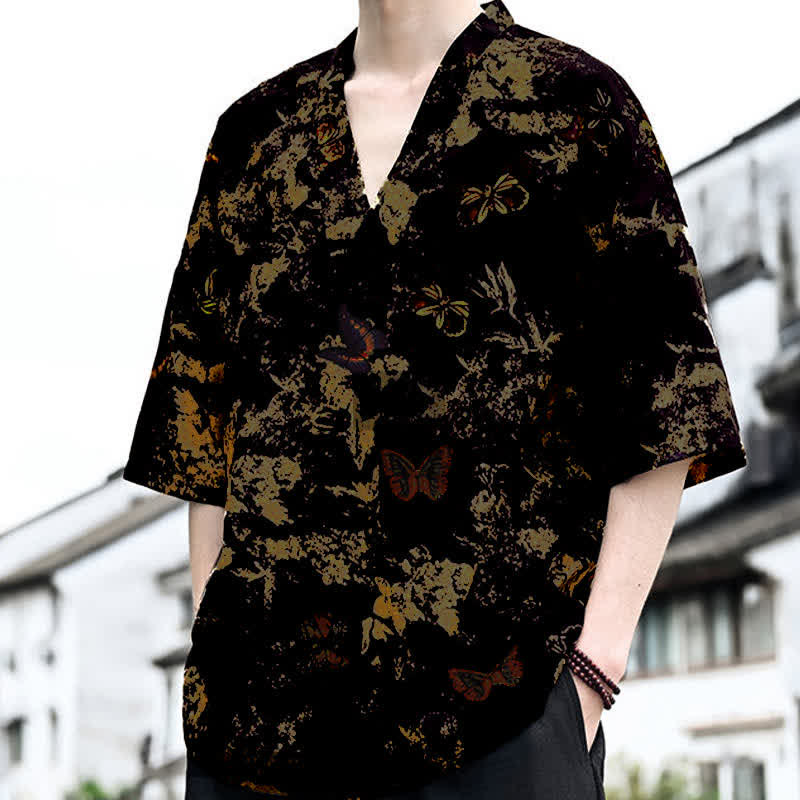 Buddha Stones Camisetas de manga corta para hombre con cuello en V y estampado floral estilo Tang, ideales para el verano. - image 6