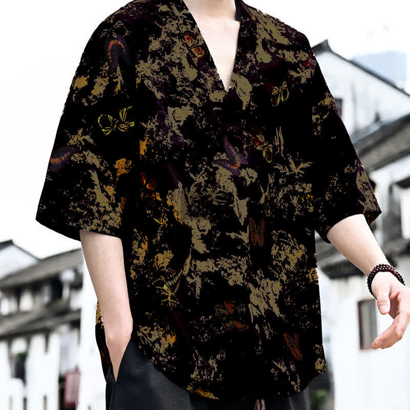 Buddha Stones Camisetas de manga corta para hombre con cuello en V y estampado floral estilo Tang, ideales para el verano. - image 9