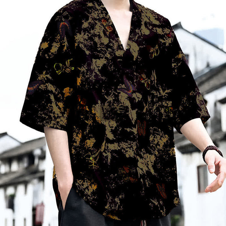 Buddha Stones Camisetas de manga corta para hombre con cuello en V y estampado floral estilo Tang, ideales para el verano. - image 9