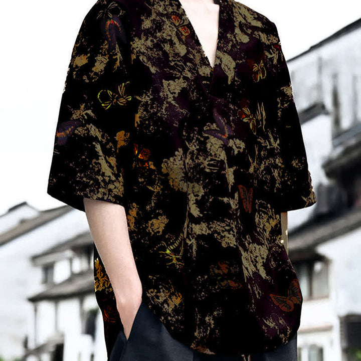 Buddha Stones Camisetas de manga corta para hombre con cuello en V y estampado floral estilo Tang, ideales para el verano. - image 8