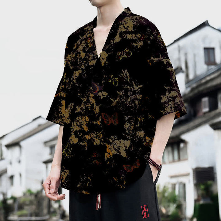 Buddha Stones Camisetas de manga corta para hombre con cuello en V y estampado floral estilo Tang, ideales para el verano. - image 10