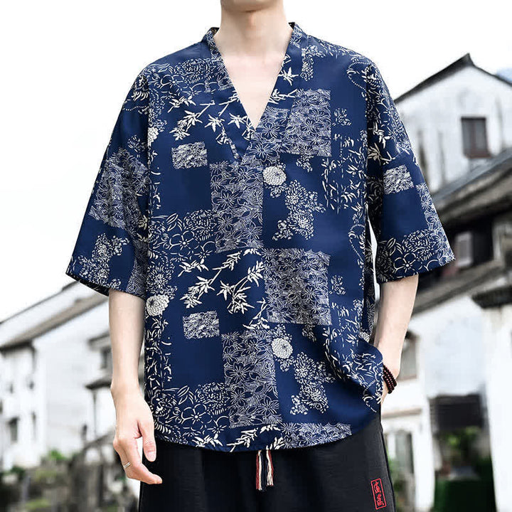 Buddha Stones Camisetas de manga corta para hombre con cuello en V y estampado floral estilo Tang, ideales para el verano. - Marina de guerra - US/UK/AU46, EU56 (5XL) - image 0