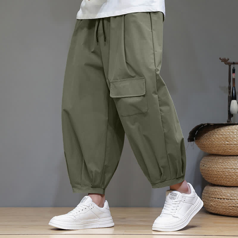 Buddha Stones Pantalones capri lisos de verano informales minimalistas con cordón ajustable para hombre, estilo harem con bolsillos. - Verde mar oscuro - US/UK/AU46, EU56 (5XL) - image 0