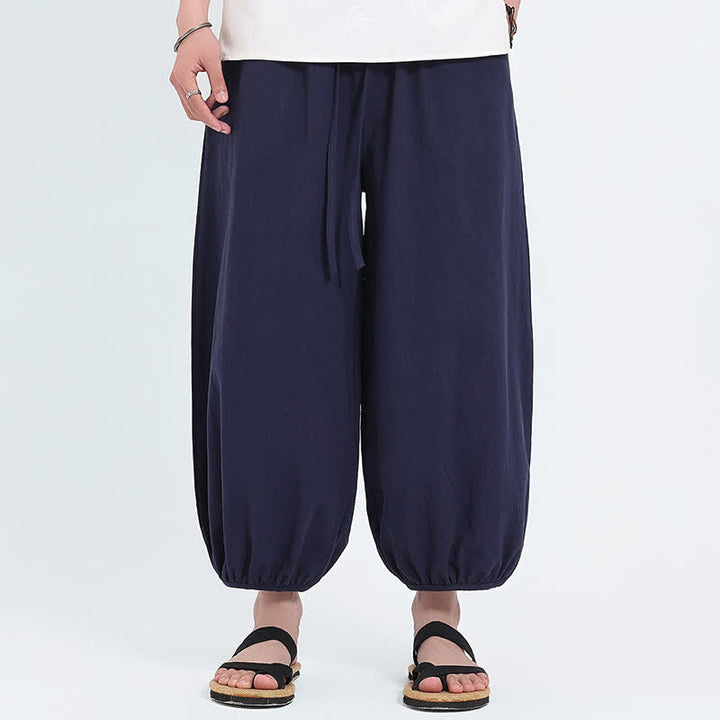 Buddha Stones Pantalones cortos casuales estilo Tang de verano con cordón ajustable, pantalones harem para hombre con bolsillos. - Azul medianoche - US/UK/AU46, EU56 (5XL) - image 0