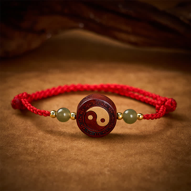 Buddha Stones Pulsera de hilo rojo con equilibrio Yin Yang de jade y sándalo morado - image 2