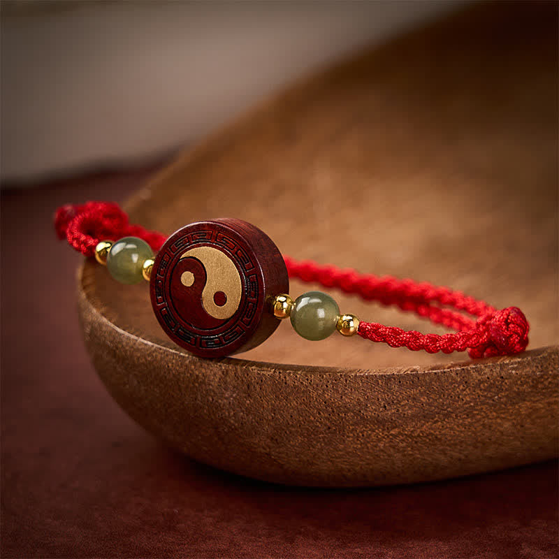 Buddha Stones Pulsera de hilo rojo con equilibrio Yin Yang de jade y sándalo morado - image 3