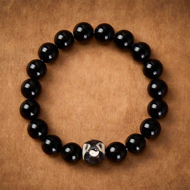 Buddha Stones Pulsera de cuentas redondas de ágata tibetana Yin Yang para la riqueza - image 1