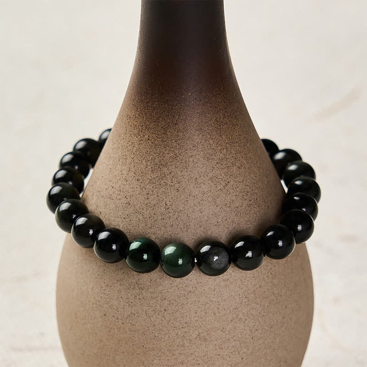 Buddha Stones Pulsera de cuentas redondas de equilibrio Yin Yang de obsidiana arcoíris - image 4