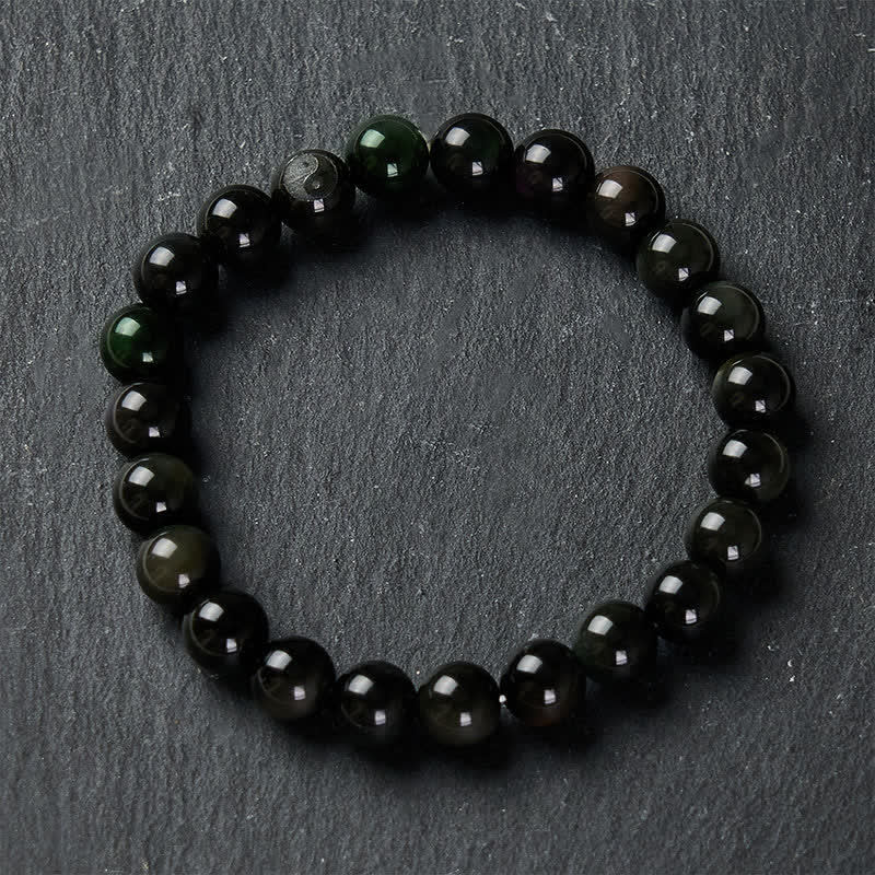 Buddha Stones Pulsera de cuentas redondas de equilibrio Yin Yang de obsidiana arcoíris - image 3