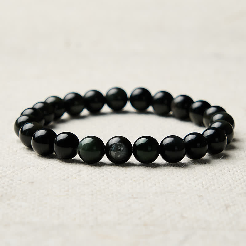 Buddha Stones Pulsera de cuentas redondas de equilibrio Yin Yang de obsidiana arcoíris - image 8