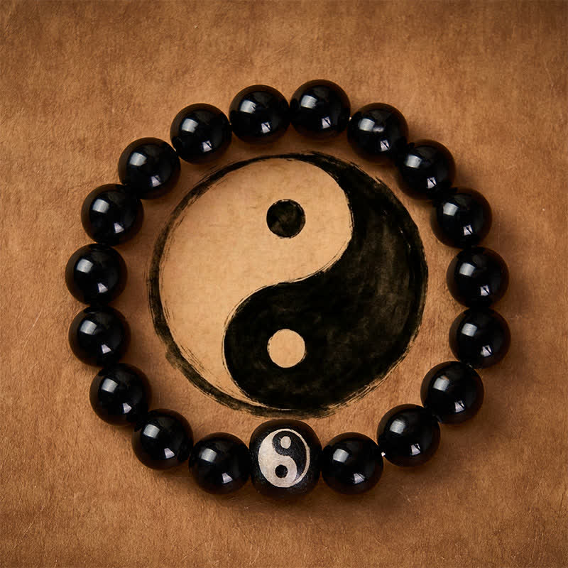 Buddha Stones Pulsera protectora de cuentas Yin Yang de obsidiana negra tibetana y ónix negro - Obsidiana negra (Purificación ♥ Fuerza) - image 0