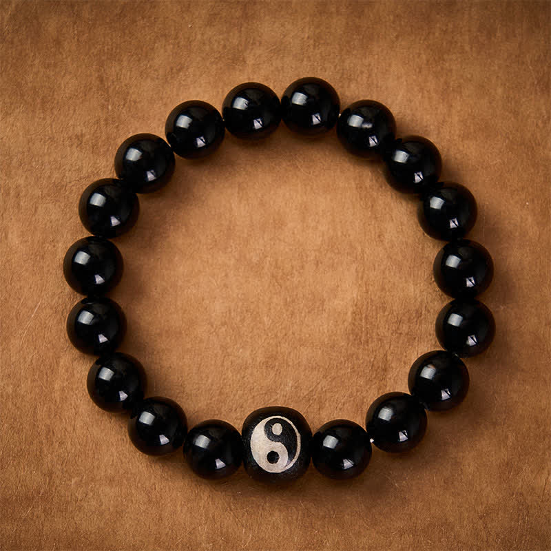 Buddha Stones Pulsera protectora de cuentas Yin Yang de obsidiana negra tibetana y ónix negro - image 1