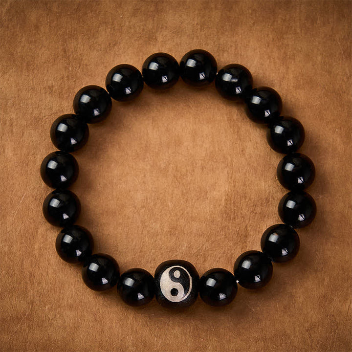 Buddha Stones Pulsera protectora de cuentas Yin Yang de obsidiana negra tibetana y ónix negro - image 1