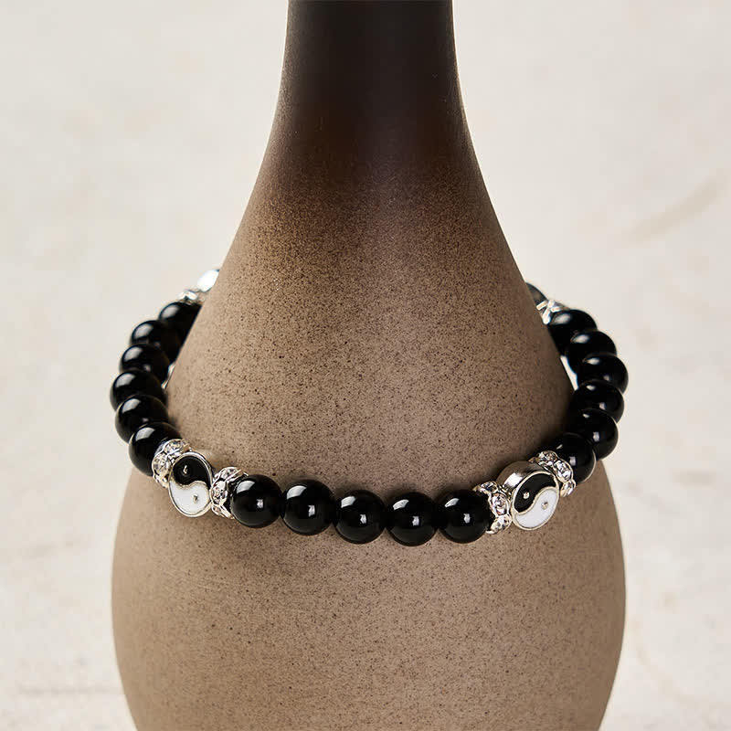 Buddha Stones Pulsera redonda con dije de equilibrio Yin Yang de obsidiana negra - image 3