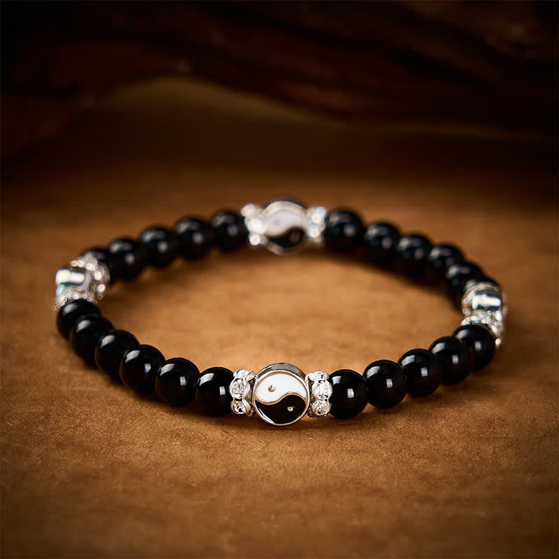 Buddha Stones Pulsera redonda con dije de equilibrio Yin Yang de obsidiana negra - image 2