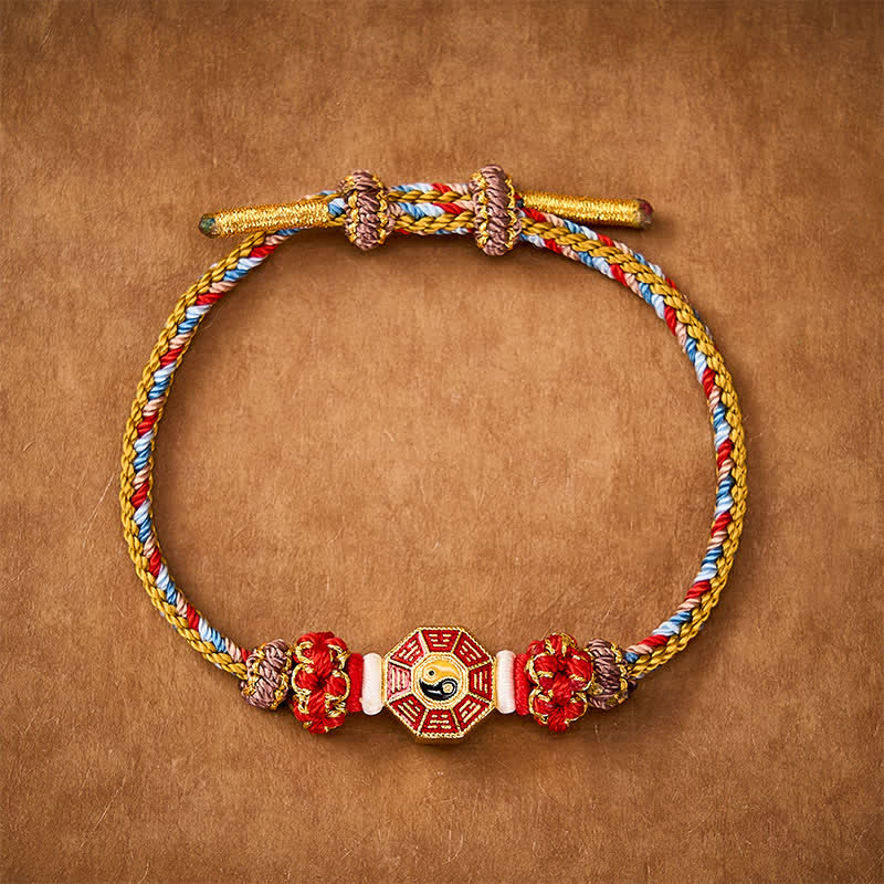 Buddha Stones Pulsera tibetana trenzada tejida a mano con cordón colorido Bagua y moneda china para protección - Oro - Hilo rojo (Protección♥Suerte) - image 8