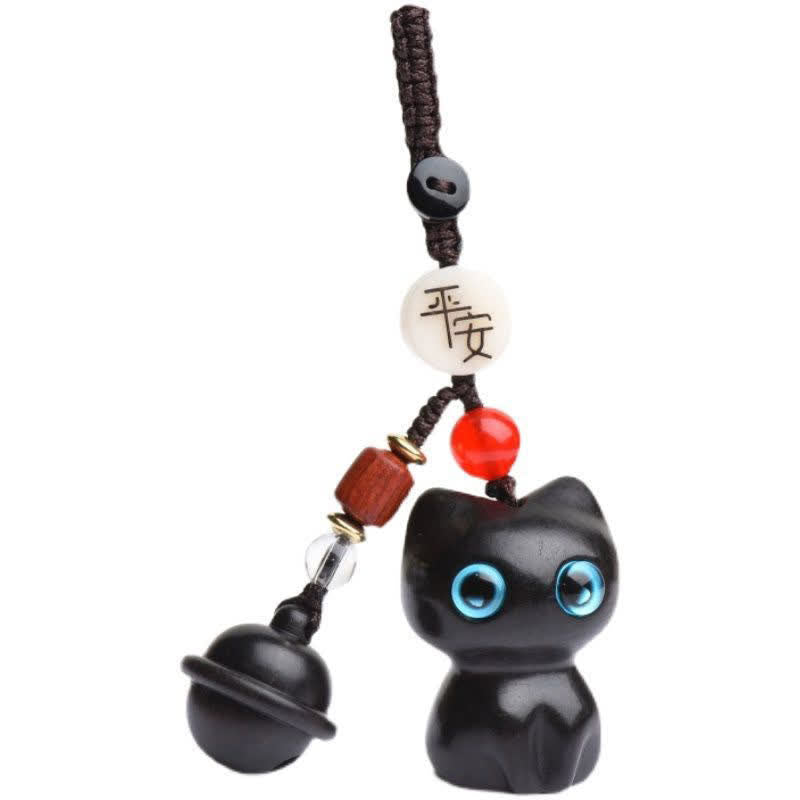 Buddha Stones Llaveros protectores con cascabel para gatos, tallados a mano en madera de ébano y sándalo rojo. - image 9