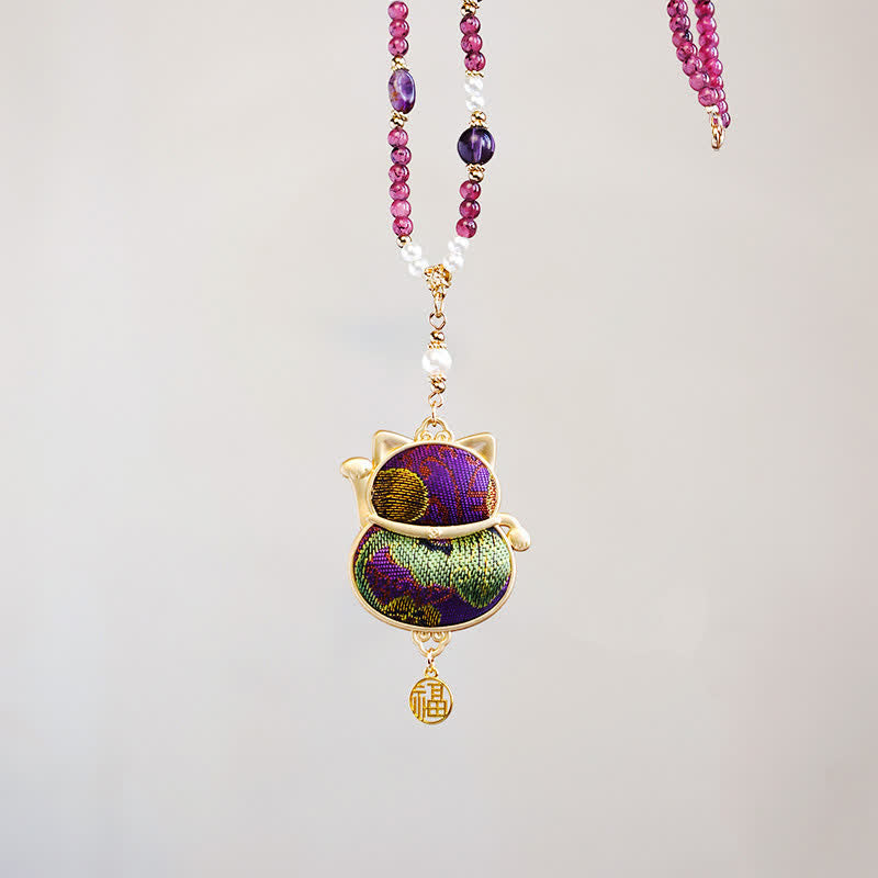 Buddha Stones Collar con colgante de bendición del personaje Fu, tejido brocado de la canción, con el gato de la suerte que llama a la suerte. - image 8