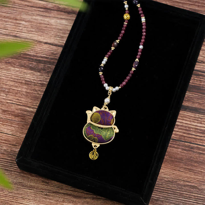 Buddha Stones Collar con colgante de bendición del personaje Fu, tejido brocado de la canción, con el gato de la suerte que llama a la suerte. - Collar para gatos (mismo tono de color – el estampado varía) - image 0