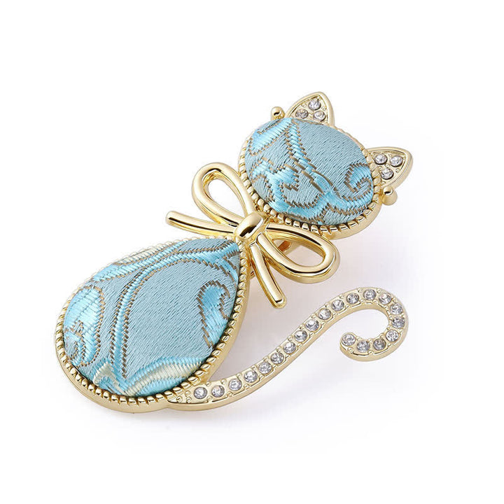 Buddha Stones Horquilla de estilo chino con diseño de gato de brocado y diamantes de imitación chapada en oro. - Azul (mismo tono de color – el estampado varía) - image 5
