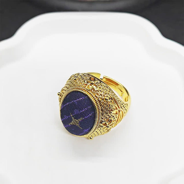 Buddha Stones Anillo ovalado ajustable de estilo chino con diseño de huevo de paloma de la prosperidad y brocado de la canción - image 1