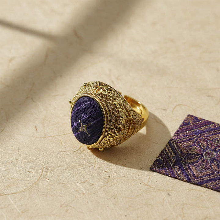 Buddha Stones Anillo ovalado ajustable de estilo chino con diseño de huevo de paloma de la prosperidad y brocado de la canción - Brocado Song (mismo tono de color – el patrón varía) - image 0