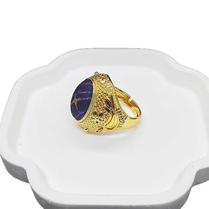 Buddha Stones Anillo ovalado ajustable de estilo chino con diseño de huevo de paloma de la prosperidad y brocado de la canción - image 4