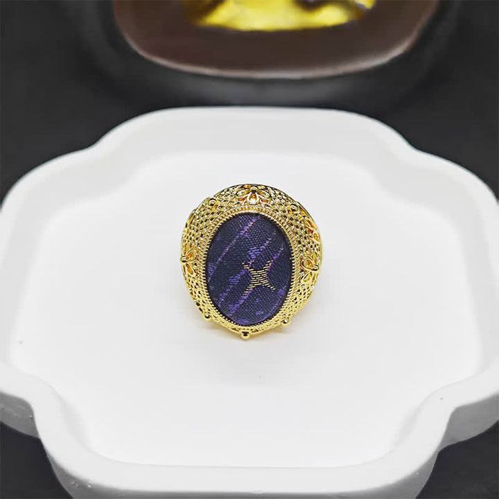 Buddha Stones Anillo ovalado ajustable de estilo chino con diseño de huevo de paloma de la prosperidad y brocado de la canción - image 2