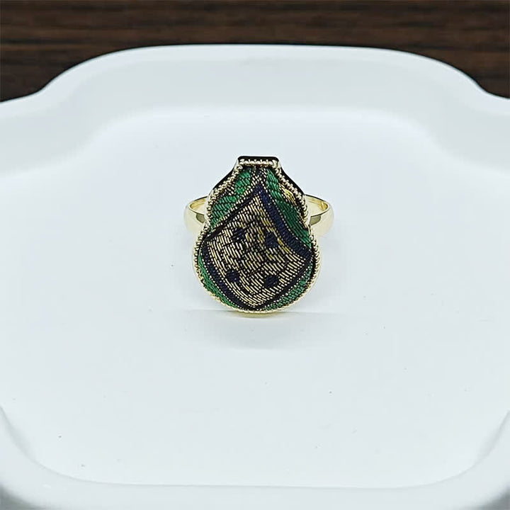 Buddha Stones Anillo ajustable de estilo chino vintage con forma de calabaza y diseño de brocado de canción. - Oro verde (mismo tono de color, el patrón varía) - Ajustable (Abierto) - image 8