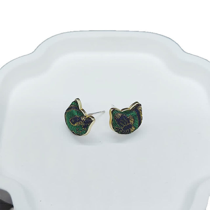 Buddha Stones Pendientes chinos vintage de brocado con diseño de gato bendecido, hechos a mano. - image 3
