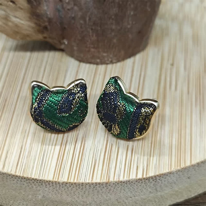 Buddha Stones Pendientes chinos vintage de brocado con diseño de gato bendecido, hechos a mano. - image 1