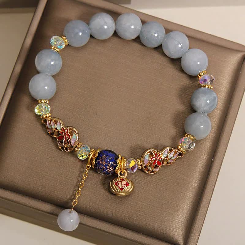 Buddha Stones Pulsera redonda colgante con forma de calabaza cloisonné de la suerte del personaje Fu de aguamarina - image 3