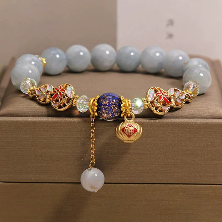 Buddha Stones Pulsera redonda colgante con forma de calabaza cloisonné de la suerte del personaje Fu de aguamarina - Aguamarina (Coraje ♥ Calma) - image 0