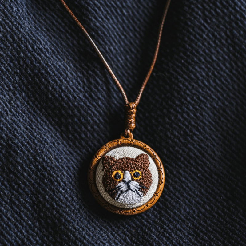 Buddha Stones Collar con colgante redondo bordado con diseño de gato de madera y suerte. - image 9