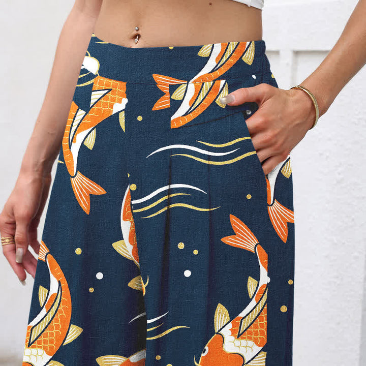 Buddha Stones Pantalones de mujer de lino y algodón con estampado de peces koi, cintura elástica, pernera ancha y bolsillos. - image 2