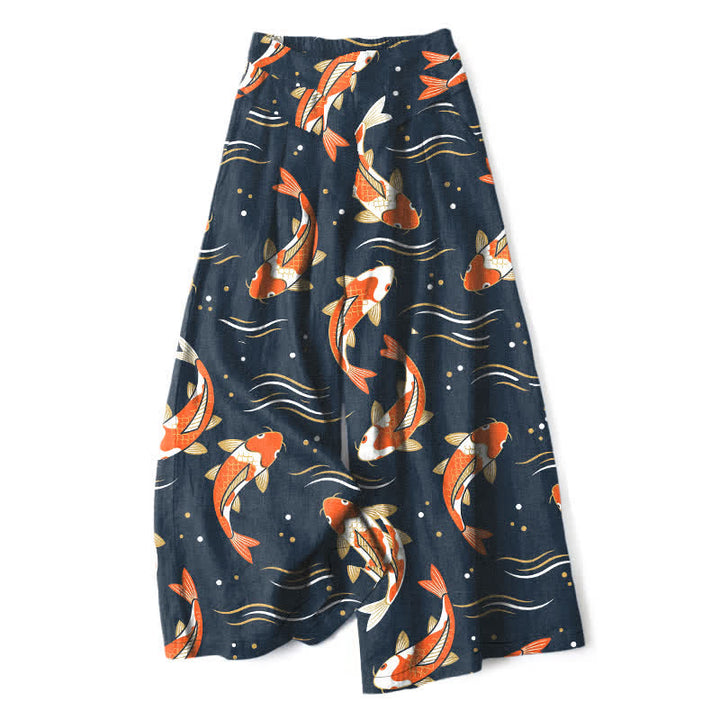 Buddha Stones Pantalones de mujer de lino y algodón con estampado de peces koi, cintura elástica, pernera ancha y bolsillos. - Marina de guerra - US16，UK/AU20，EU48 (3XL) - image 0