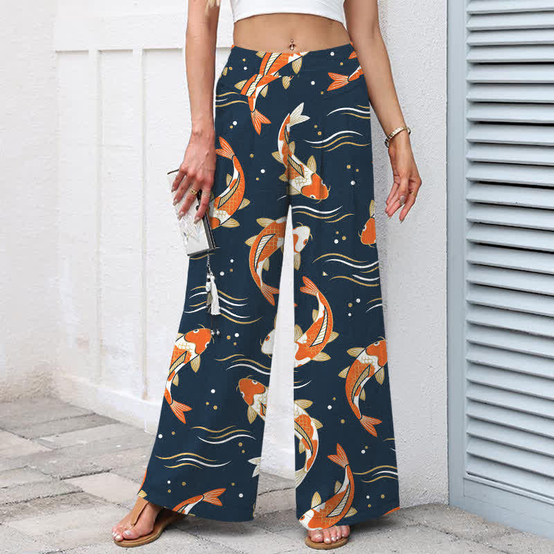 Buddha Stones Pantalones de mujer de lino y algodón con estampado de peces koi, cintura elástica, pernera ancha y bolsillos. - image 1