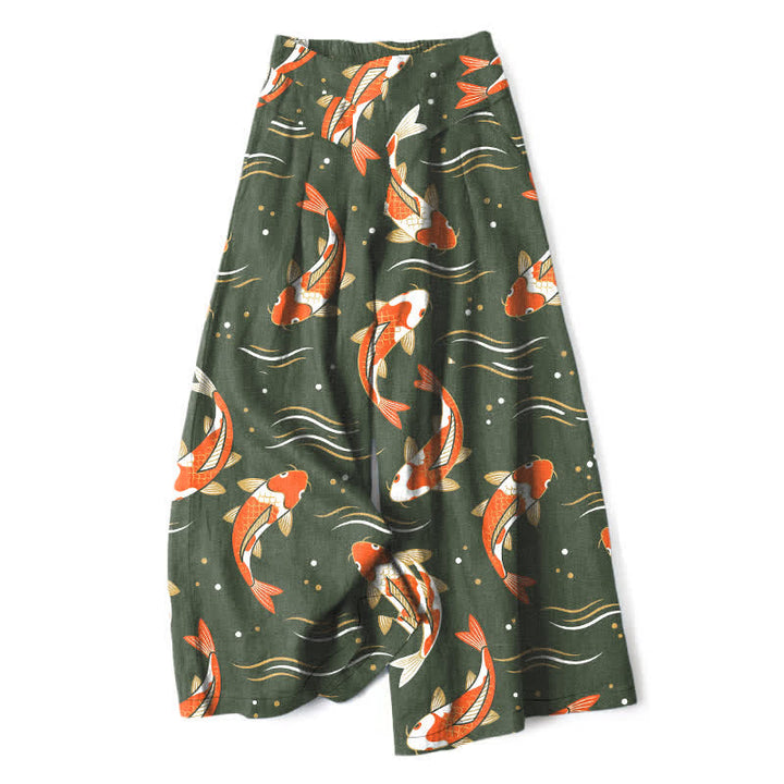 Buddha Stones Pantalones de mujer de lino y algodón con estampado de peces koi, cintura elástica, pernera ancha y bolsillos. - Verde oliva oscuro - US16，UK/AU20，EU48 (3XL) - image 7