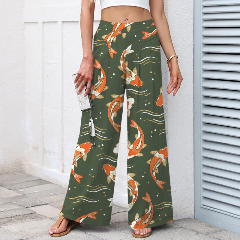 Buddha Stones Pantalones de mujer de lino y algodón con estampado de peces koi, cintura elástica, pernera ancha y bolsillos. - image 8