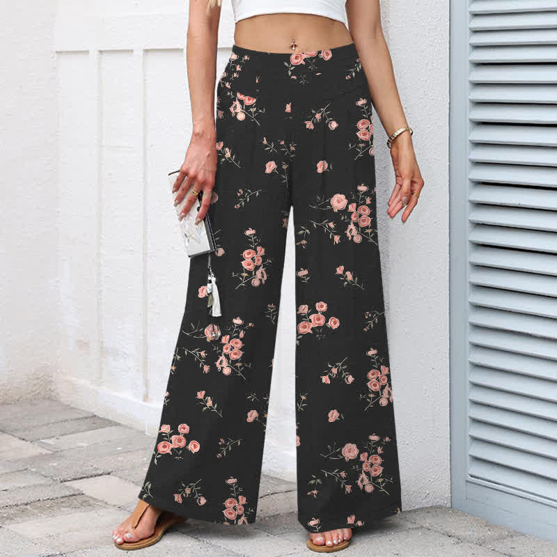 Buddha Stones Pantalones de mujer de lino y algodón con estampado vintage de rosas, cintura elástica y pernera ancha con bolsillos. - image 1