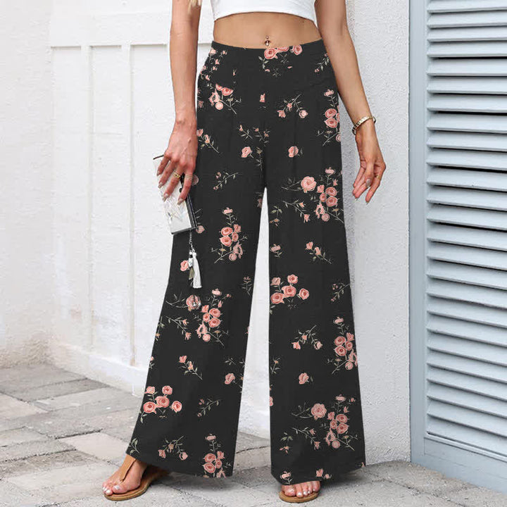 Buddha Stones Pantalones de mujer de lino y algodón con estampado vintage de rosas, cintura elástica y pernera ancha con bolsillos. - image 1