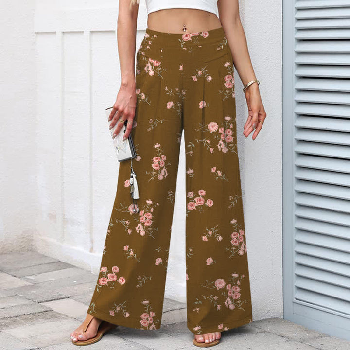 Buddha Stones Pantalones de mujer de lino y algodón con estampado vintage de rosas, cintura elástica y pernera ancha con bolsillos. - image 6