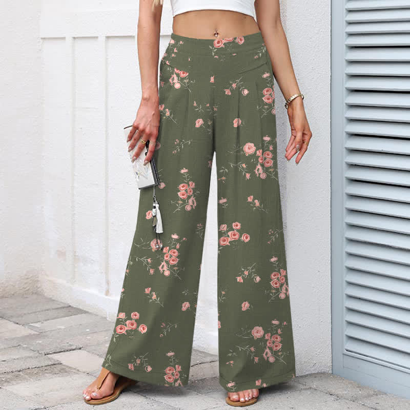 Buddha Stones Pantalones de mujer de lino y algodón con estampado vintage de rosas, cintura elástica y pernera ancha con bolsillos. - image 8