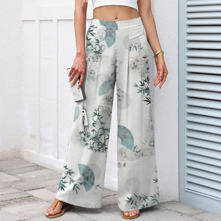 Buddha Stones Pantalones de mujer de algodón y lino con estampado oriental de hojas de bambú, cintura elástica y pernera ancha con bolsillos. - image 1