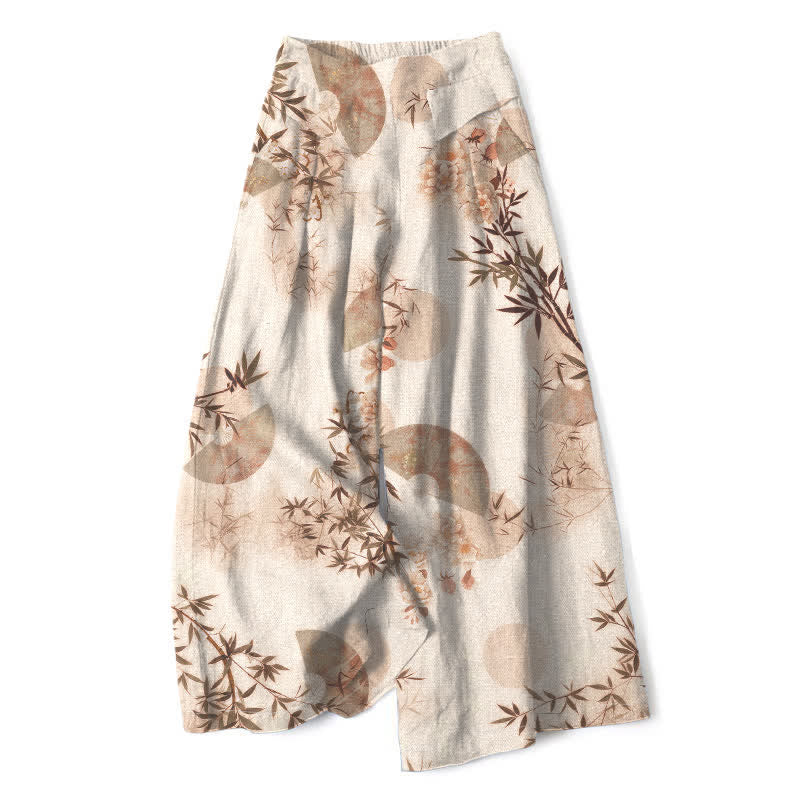 Buddha Stones Pantalones de mujer de algodón y lino con estampado oriental de hojas de bambú, cintura elástica y pernera ancha con bolsillos. - Lino - US16，UK/AU20，EU48 (3XL) - image 5