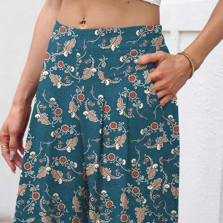 Buddha Stones Pantalones de mujer de algodón y lino con estampado floral bohemio, cintura elástica y pernera ancha con bolsillos. - image 2