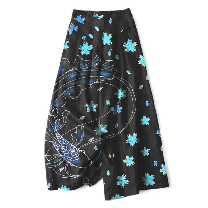 Buddha Stones Pantalones de mujer de algodón y lino con estampado floral de peces koi, cintura elástica y pernera ancha con bolsillos. - Negro - US16，UK/AU20，EU48 (3XL) - image 0